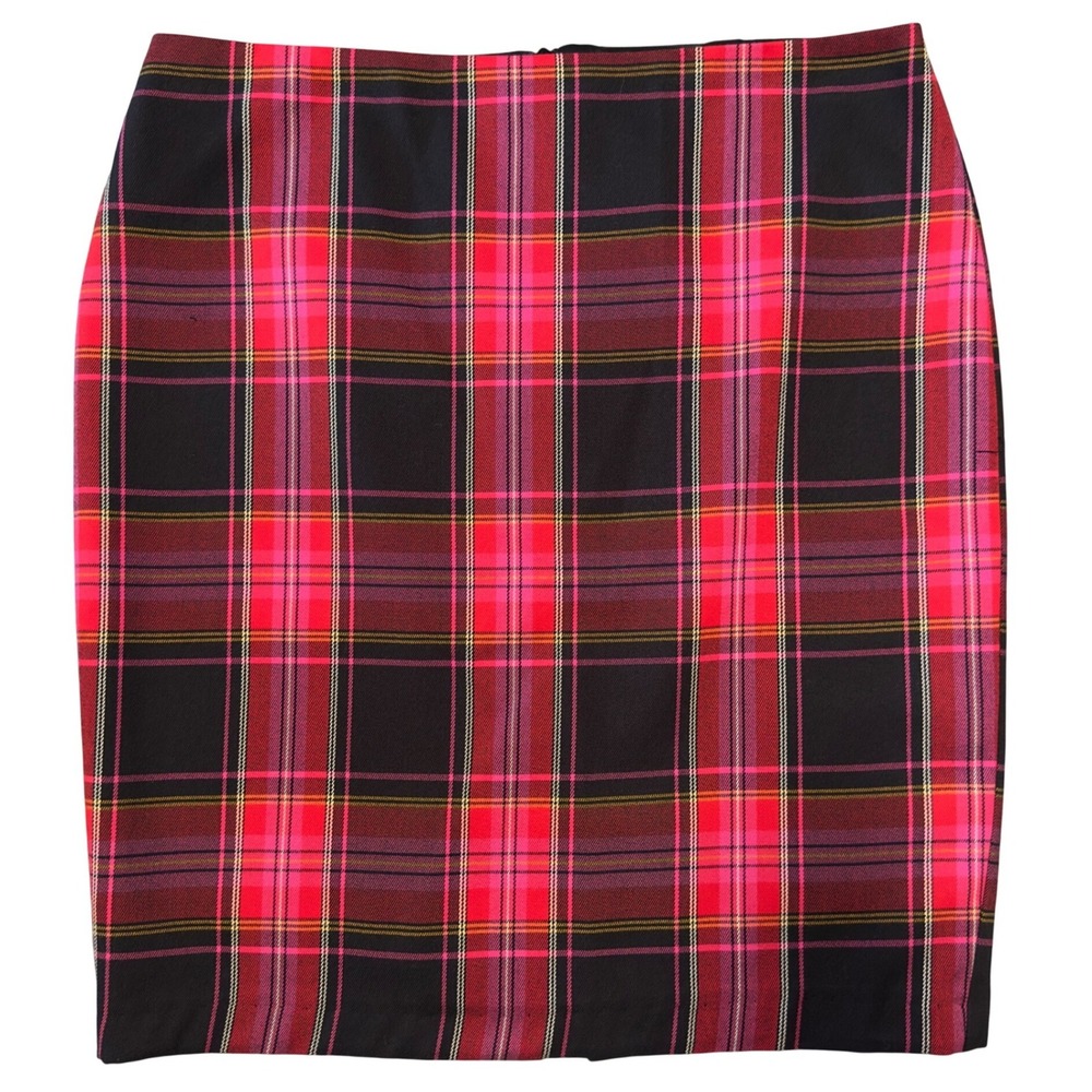 Trina Turk Womens Holiday Tartan Plaid Pencil Skirt Red Pink Black Lace Hem Sz 8